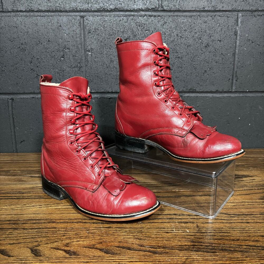 Vintage Red Leather Lace Up Ankle Boots Kiltie Western Roper Women’s 7.5